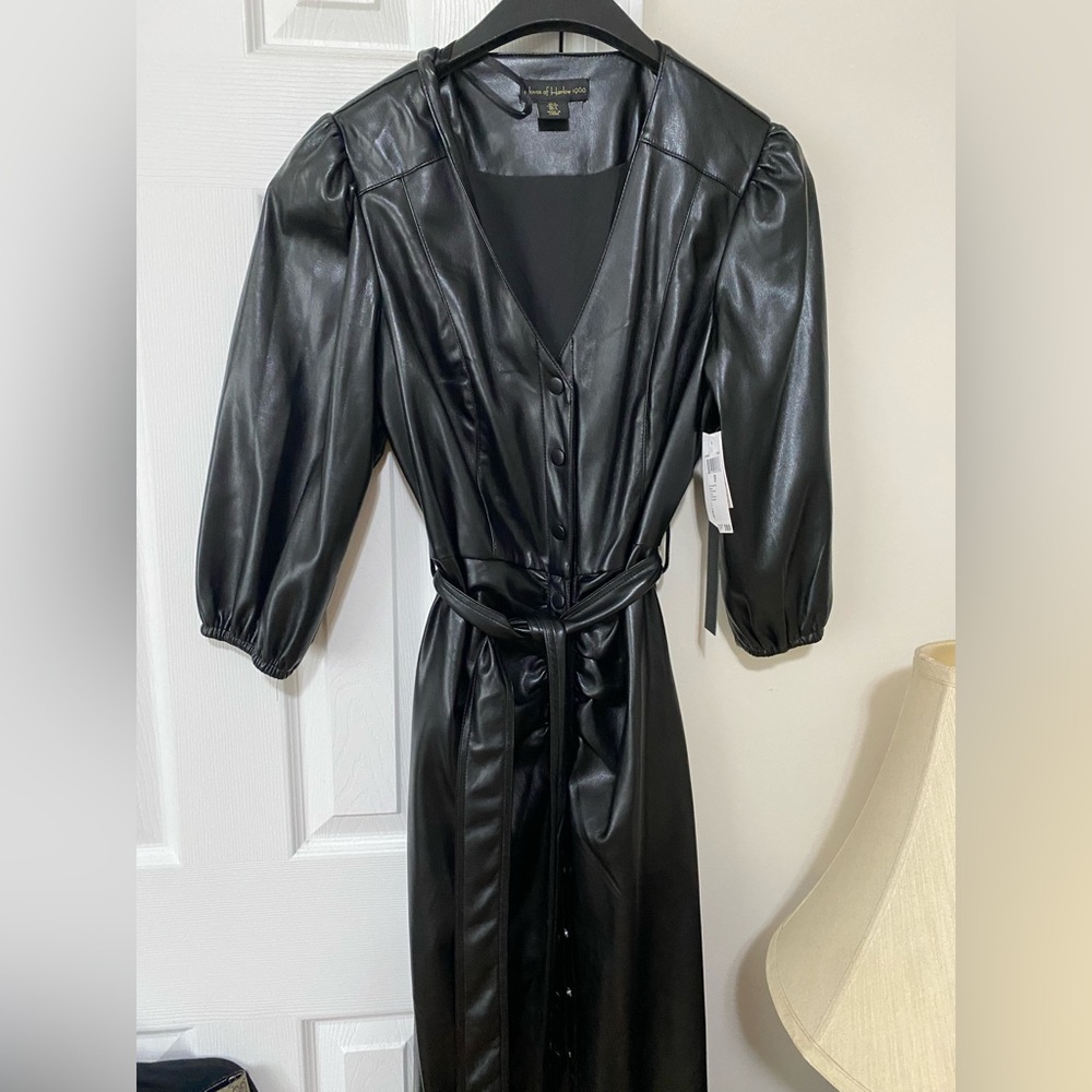 NWT Faux leather puff sleeve belted midi dress by House of Harlow. Never worn.